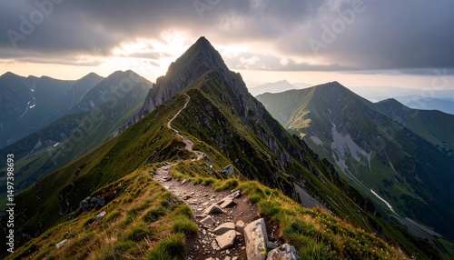 Mountain range with a path leading up to the top. The path is rocky and the view is breathtaking