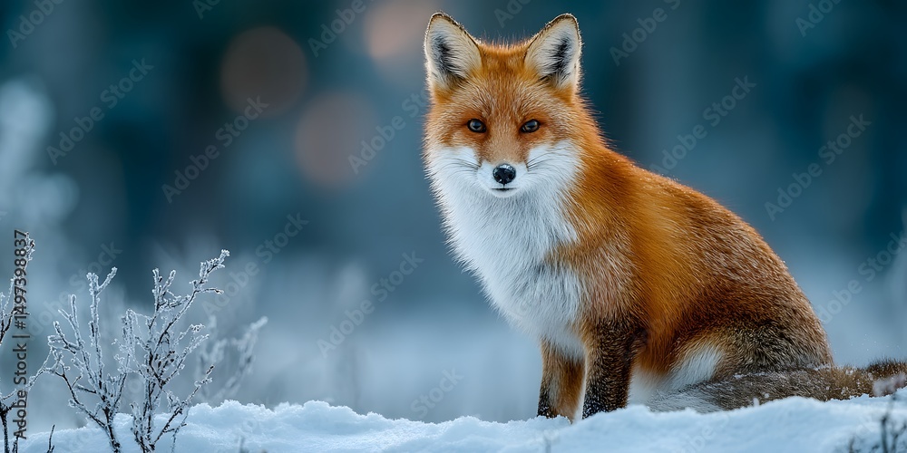 Red fox, orange fur, white chest, dark ears, alert in snow. Soft winter light. Pristine snow, twigs. Blurred background, cool muted palette, bokeh. Red fox, orange fur, white chest, dark ears, alert in snow. Soft winter light. Pristine snow, twigs. Blurred background, cool muted palette, bokeh.
