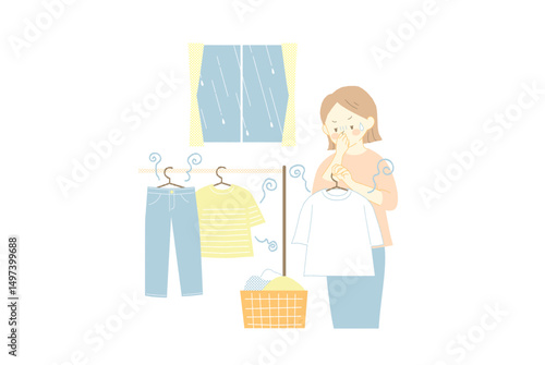 雨の日に部屋干しした洗濯物が臭って嫌がる女性のイラスト