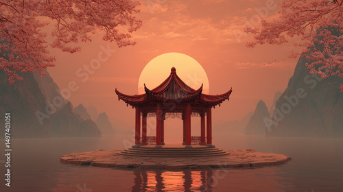 Red temple structure with fantasy landscape