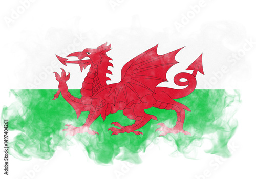 Distressed rendering of the Welsh flag, featuring a bold red dragon on a white and green background, creating a sense of history