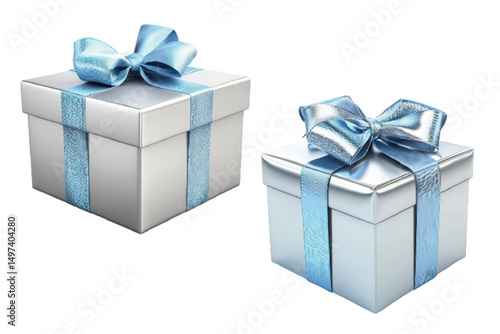 Two elegant silver gift boxes adorned with blue ribbons and bows, perfect for celebrations and special occasions