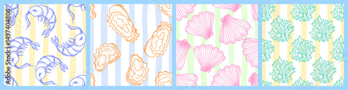 La dolce vita themed seamless pattern with Seafood. Seashell, Shrimp, Oyster, Seaweed print on striped background. Colourful hand-drawn vector inspired by Summer Italian aesthetic.