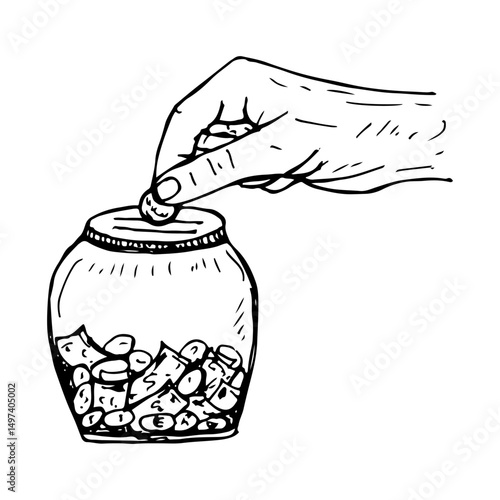 Saving money concept, hand putting a coin into a jar for financial growth.