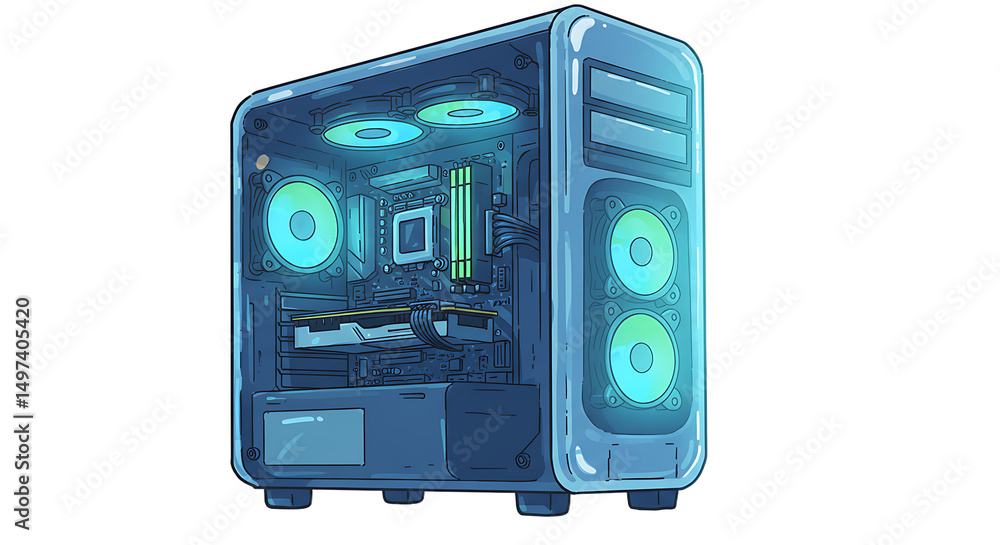Fototapeta premium Blue Computer Tower with Glowing Components
