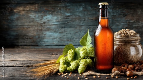 A chilled beer bottle with hops, barley, and grains on a rustic wooden table, capturing the essence of craft brewing ingredients.