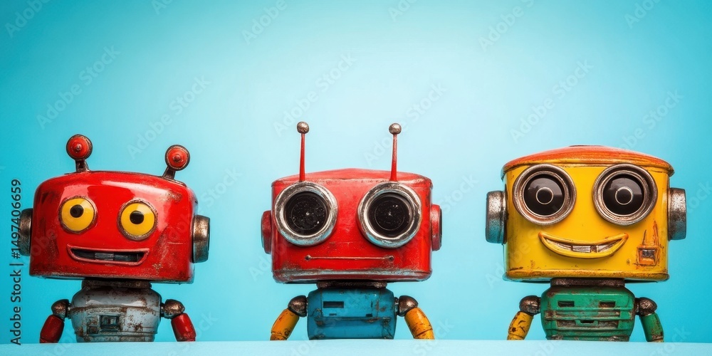 Fototapeta premium Vintage robot trio showcasing unique designs and vibrant colors against a bright blue background at a creative display event in an art studio