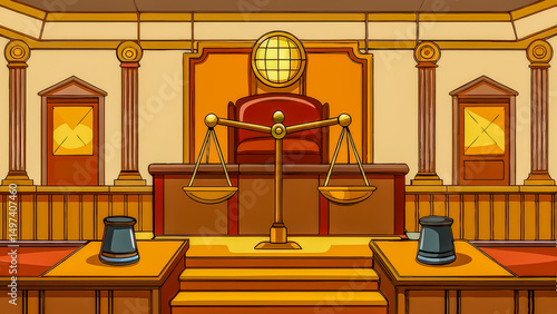Courtroom justice law legal judge courtroom trial balance scales cartoon