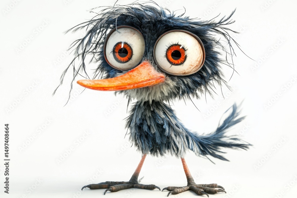 Quirky animated bird character with oversized eyes and colorful feathers standing against a plain background in a bright and playful setting Quirky animated bird character with oversized eyes and colorful feathers standing against a plain background in a bright and playful setting