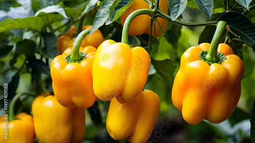 Yellow bell peppers growing on plant in greenhouse