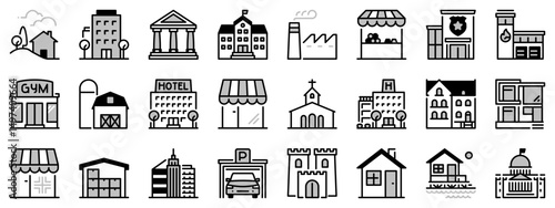 Icons in two tones about buildings. Architecture