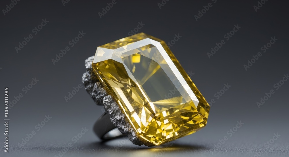 Elegant Yellow Gemstone Ring with Rectangular Cut, Luxurious Jewelry on Dark Background. Elegant Yellow Gemstone Ring with Rectangular Cut, Luxurious Jewelry on Dark Background.