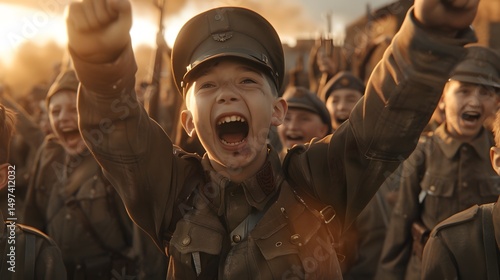 Young Soldier Cheering with Crowd in Warm War Victory Scene