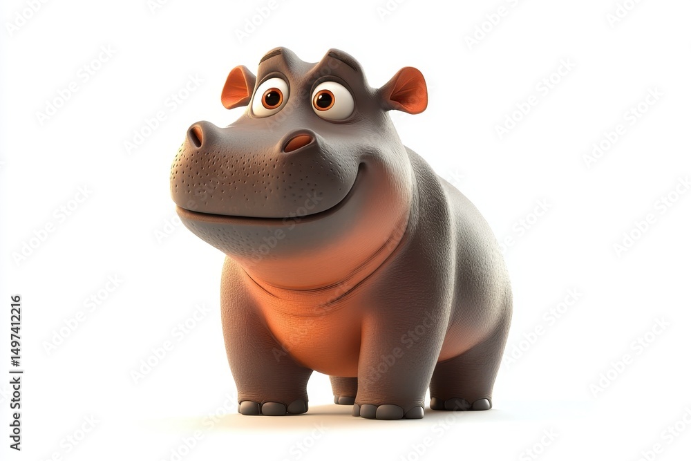 Naklejka premium Happy cartoon hippo standing center stage with a friendly expression under soft lighting in a minimalist background