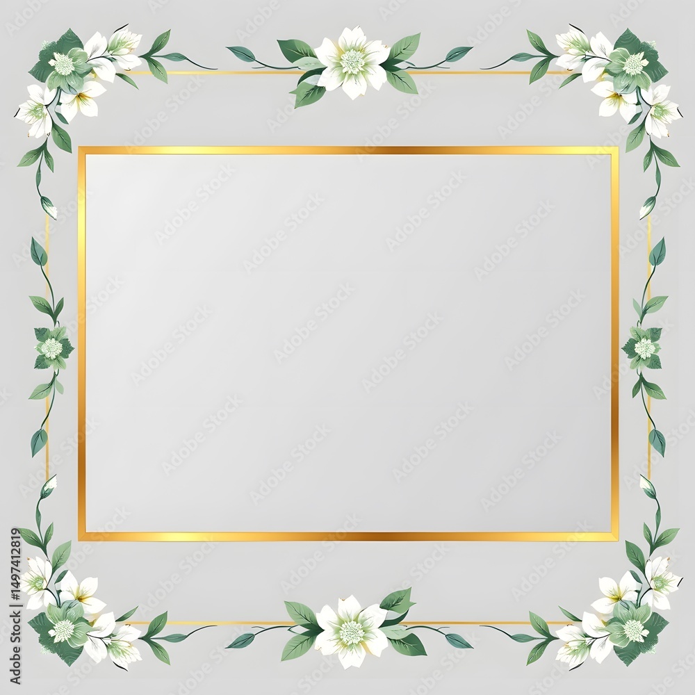 A square frame with a gold edged inner border, adorned with white flowers and green leaves on a light gray background. A square frame with a gold edged inner border, adorned with white flowers and green leaves on a light gray background.
