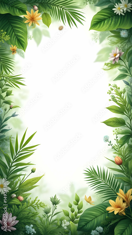 Naklejka premium Elegant tropical greenery frame featuring lush foliage and delicate flowers surrounding a blank white space for text or design
