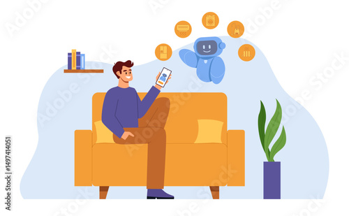AI robot assistant helps man with housekeeping and cleaning. Man operates home devices using Ai technology. Robot helper for houseworks. Flat vector illustration.