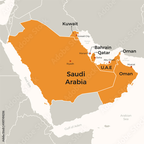Political Map of Gulf Cooperation Council Countries GCC Vector Illustration