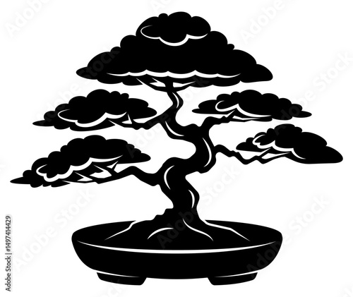 Silhouette of a bonsai tree in a pot with intricate branches and foliage.
