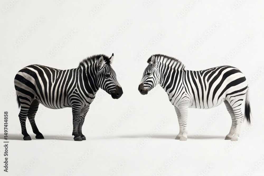 Fototapeta premium Unique zebras standing side by side in a minimalist setting displaying stunning black and white stripes while contrasting each other's features in a creative artwork