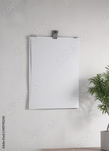 Stylish white wall, poster mockup on metal clips, visual, contemporary