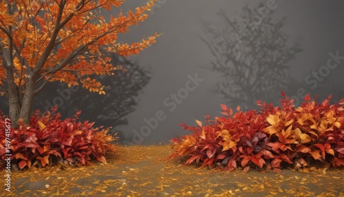 Vibrant red, orange, and yellow leaves in a natural border arrangement , birch, foliage, photography