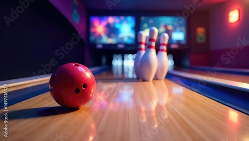 Golf ball rolling down bowling alley lane, striking pins , activity, background