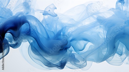 Abstract Blue Ink Swirls in Water on White Background