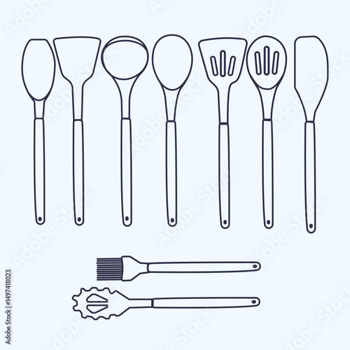 Vector illustration of cooking tools: spoons, spatulas, and kitchen tongs in simple line art style