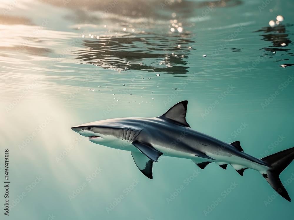 Fototapeta premium Majestic Shark Gliding Underwater, Bathed in Sunlight, Showing the Oceans Serene Beauty.