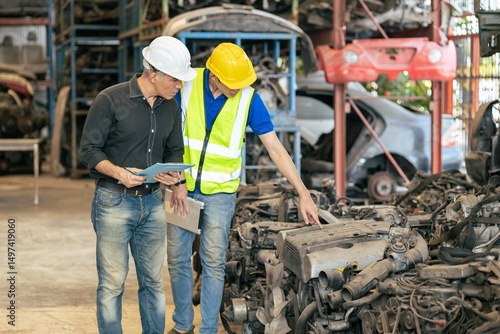 Schilderij op canvas used car part business owner working check stock order with young technician man