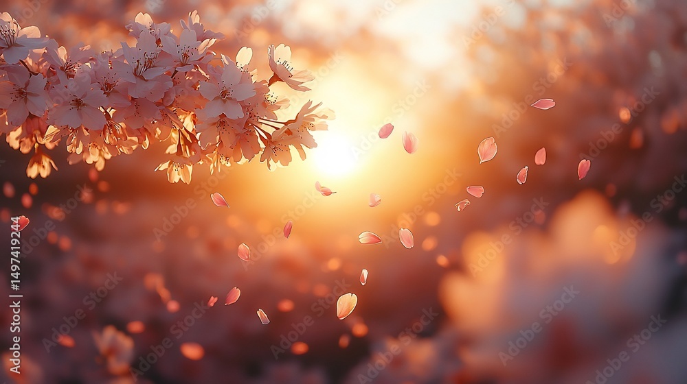 Fototapeta premium Soft focus cherry blossom scene during golden hour petals drifting down in a gentle breeze shallow depth of field with warm pastel colored bokeh captured with an 85mm f14 lens no humans no text