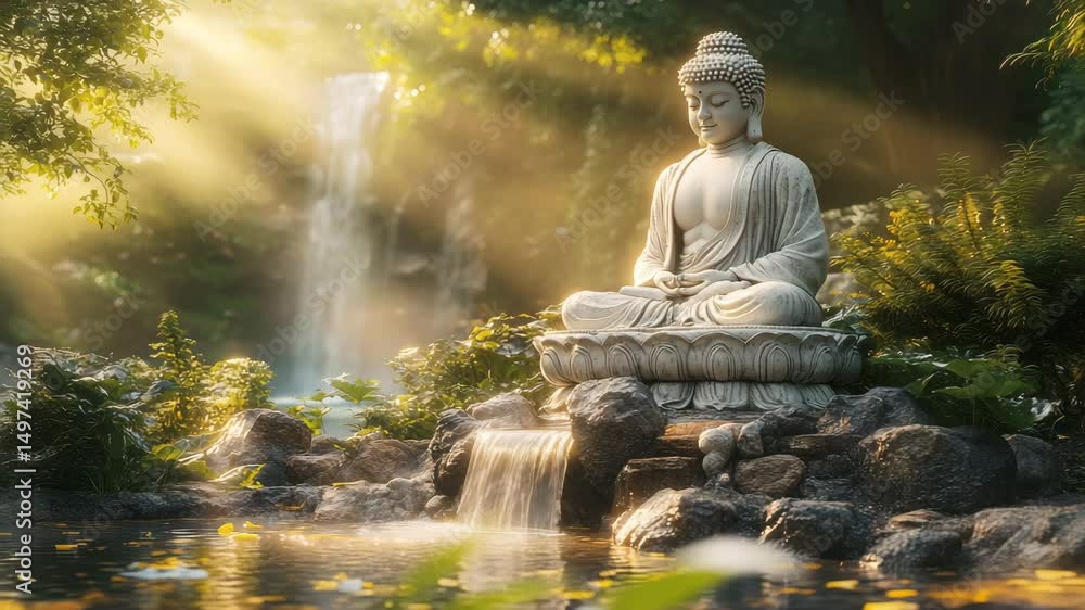 Buddha Statue in the Asian Garden with a Waterfall in the Background, Place for Meditation or Spirituality Buddha Statue in the Asian Garden with a Waterfall in the Background, Place for Meditation or Spirituality