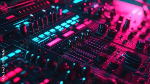 Close-up of a futuristic DJ mixer.  Detailed control panel with vibrant neon lighting