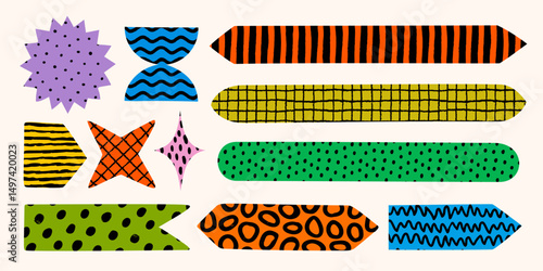 Shape sticker and abstract paper note collection with colorful ribbons and banners. Hand drawn memo and bookmark elements for notebook, diary, or creative design. Fun vector patterns for branding