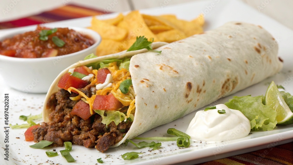 Delicious Mexican Burrito with Beef Lettuce Cheese and Tortilla Delicious Mexican Burrito with Beef Lettuce Cheese and Tortilla