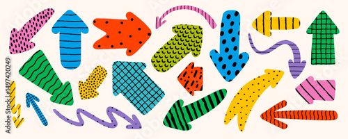 Arrow shape sticker collection with hand drawn brush patterns. Abstract desig...