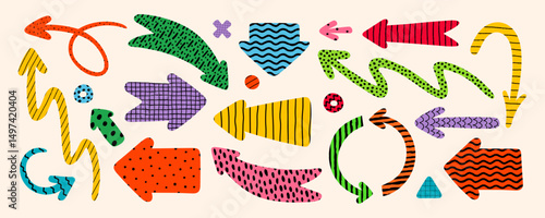 Abstract arrow shapes with colorful brush stroke patterns. Hand drawn vector ...
