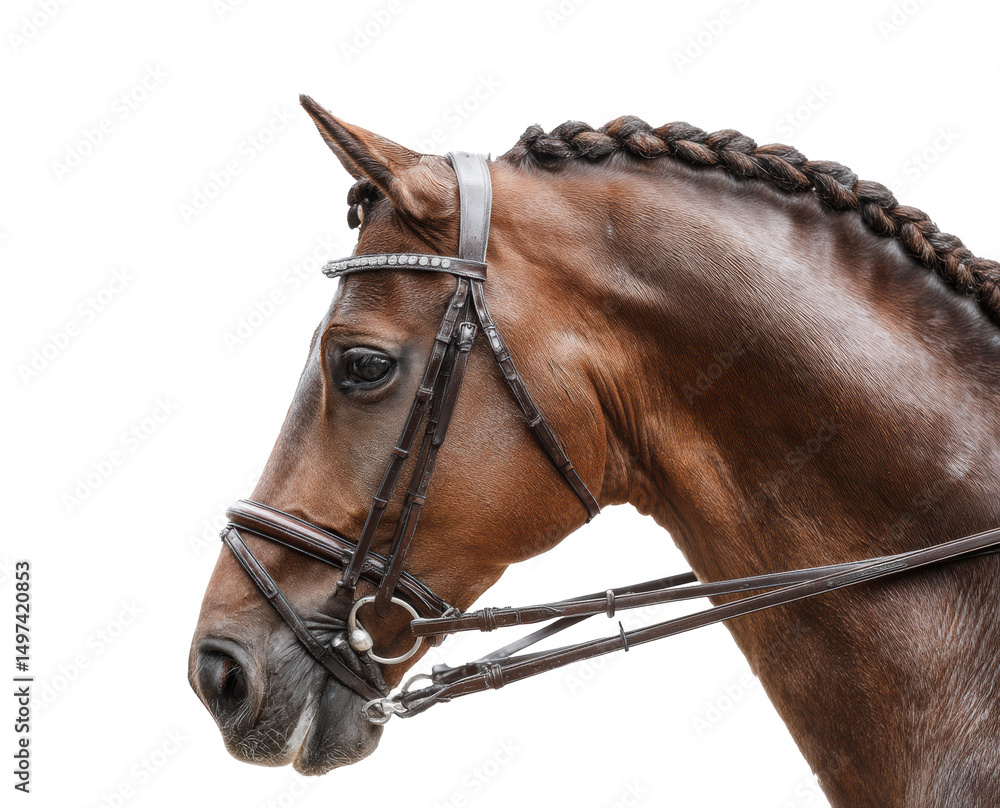 Fototapeta premium Elegant horse head with braided mane for design, cut out transparent