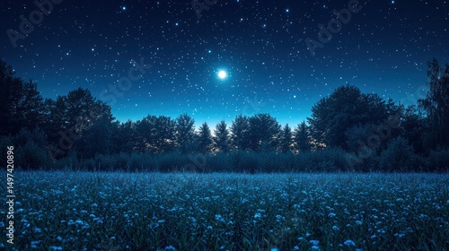 Starry Night Sky Above Flower Meadow and Dark Forest