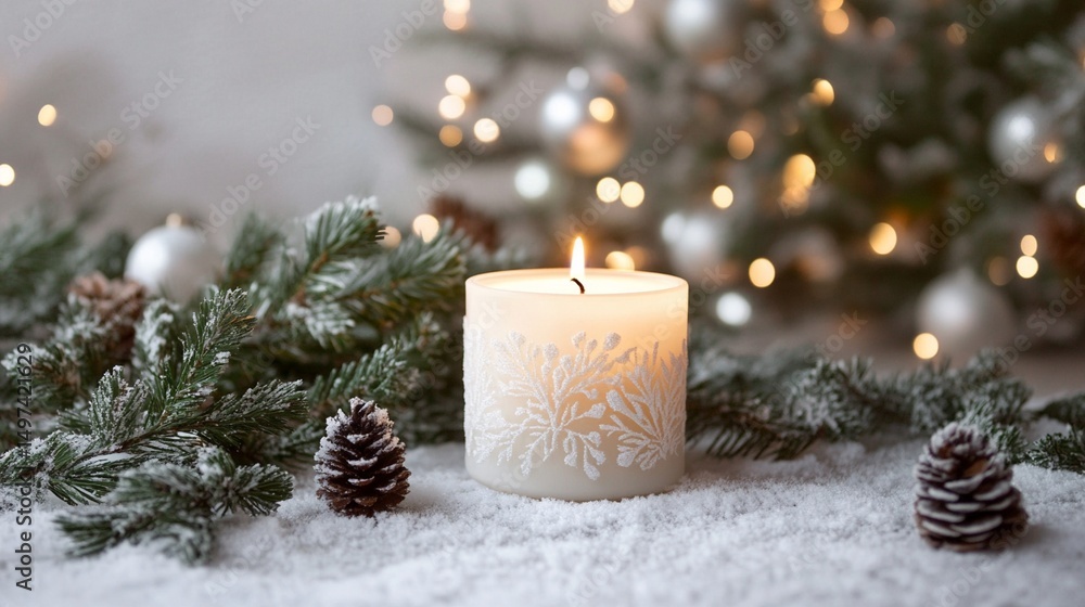 Winter candle surrounded by frosted pine branches and pinecones, creating a cozy and festive atmosphere perfect for holiday decorations and celebrations. Winter candle surrounded by frosted pine branches and pinecones, creating a cozy and festive atmosphere perfect for holiday decorations and celebrations.