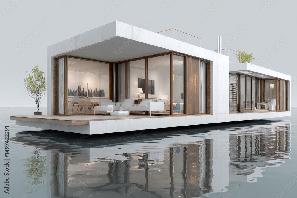 Modern floating house design featuring sleek architecture and serene water reflections Modern floating house design featuring sleek architecture and serene water reflections
