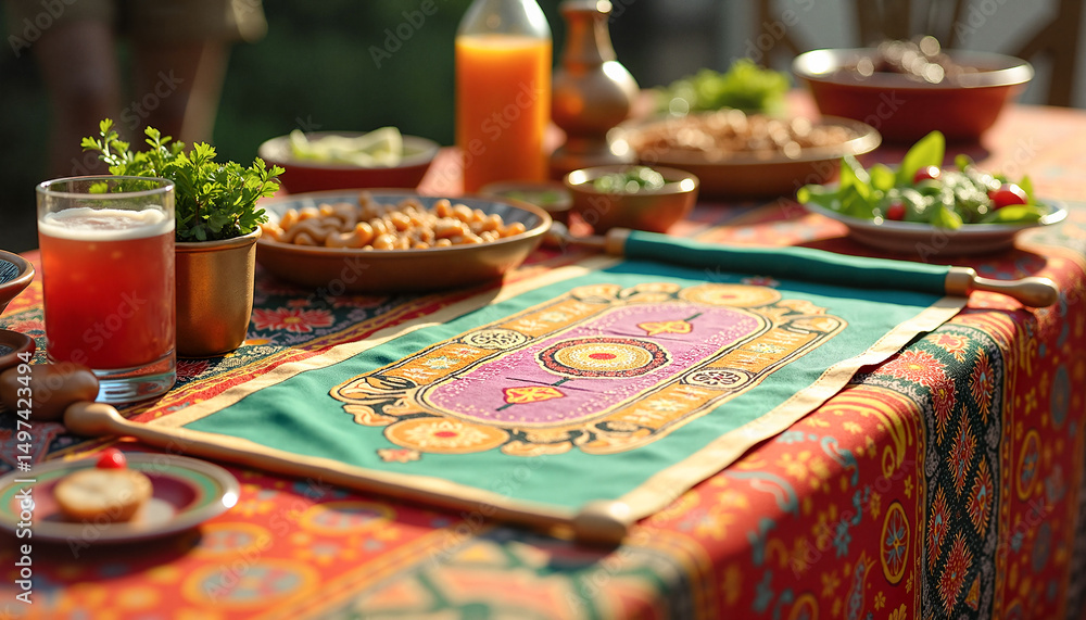 Detailed view of a vibrant Juneteenth banner surrounded by traditional foods and drinks on a colorful tablecloth, celebrating cultural heritage. Detailed view of a vibrant Juneteenth banner surrounded by traditional foods and drinks on a colorful tablecloth, celebrating cultural heritage.