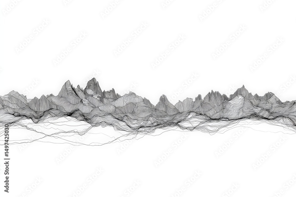 Detailed monochromatic mountain range illustration showcasing intricate line art patterns and textures Detailed monochromatic mountain range illustration showcasing intricate line art patterns and textures