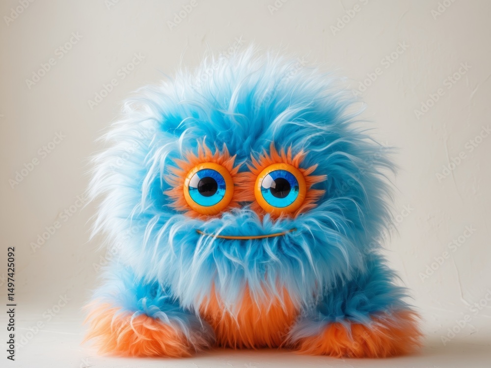 Fototapeta premium Fluffy Blue and Orange Monster Toy with Big Eyes and a Happy Expression, Studio Shot.