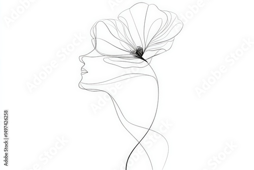 Elegant line art portrait of a woman with a flower in her hair, showcasing creativity and simplicity in design