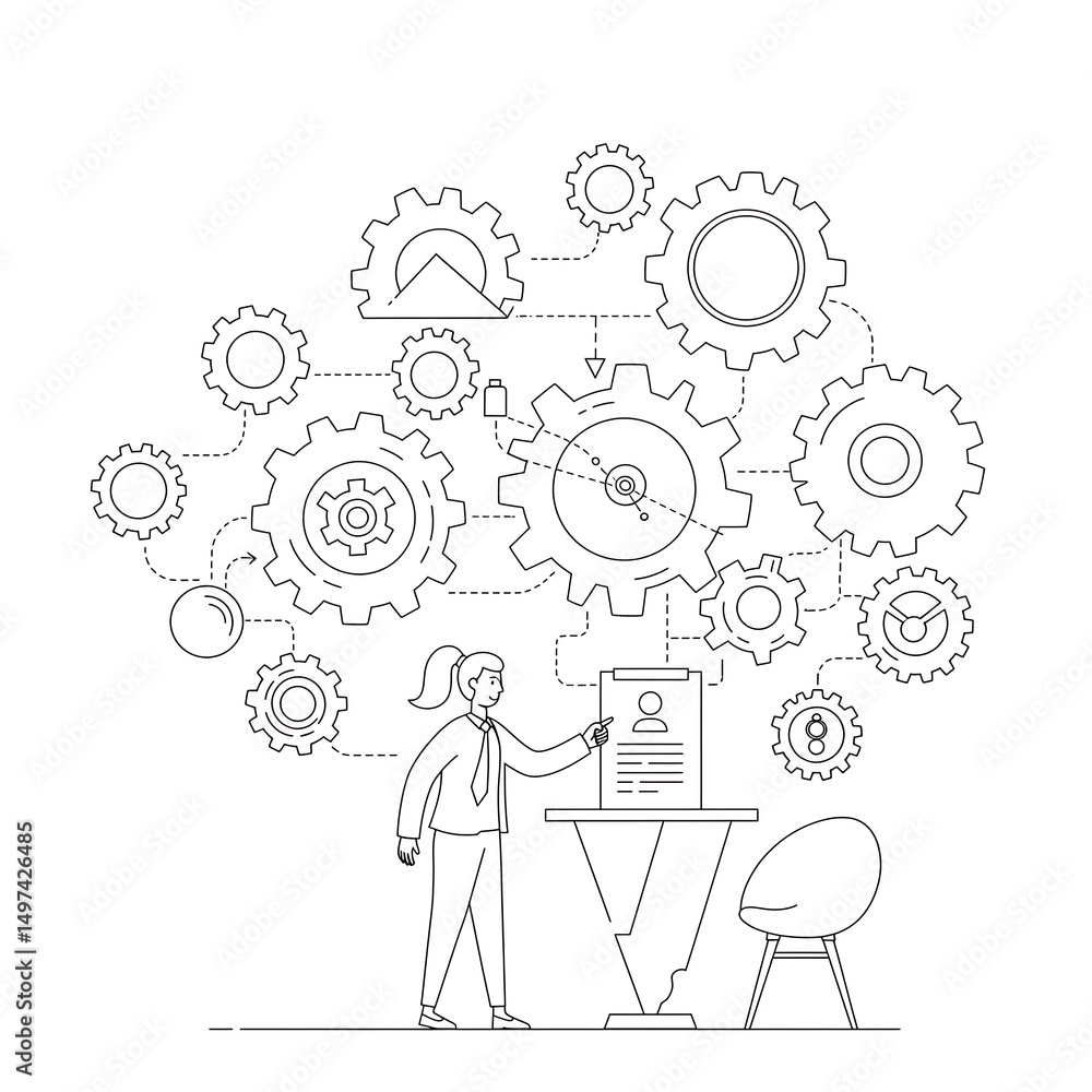 Fototapeta premium Minimalistic Outline Cogwheel Gear Connection with Female Person Displaying Information Illustration