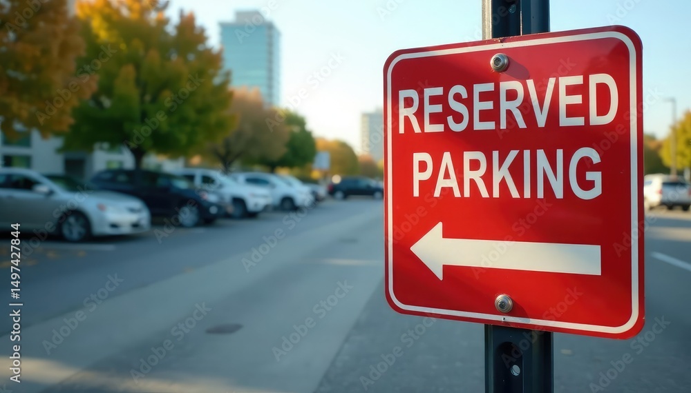 Reserved parking sign on a post in an asphalt parking lot , town, signage, indicator Reserved parking sign on a post in an asphalt parking lot , town, signage, indicator