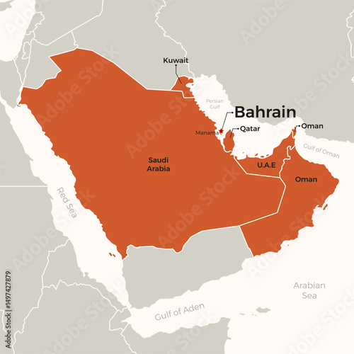 Political Map of Gulf Cooperation Council Countries GCC Vector Illustration, with Bahrain Highlight
