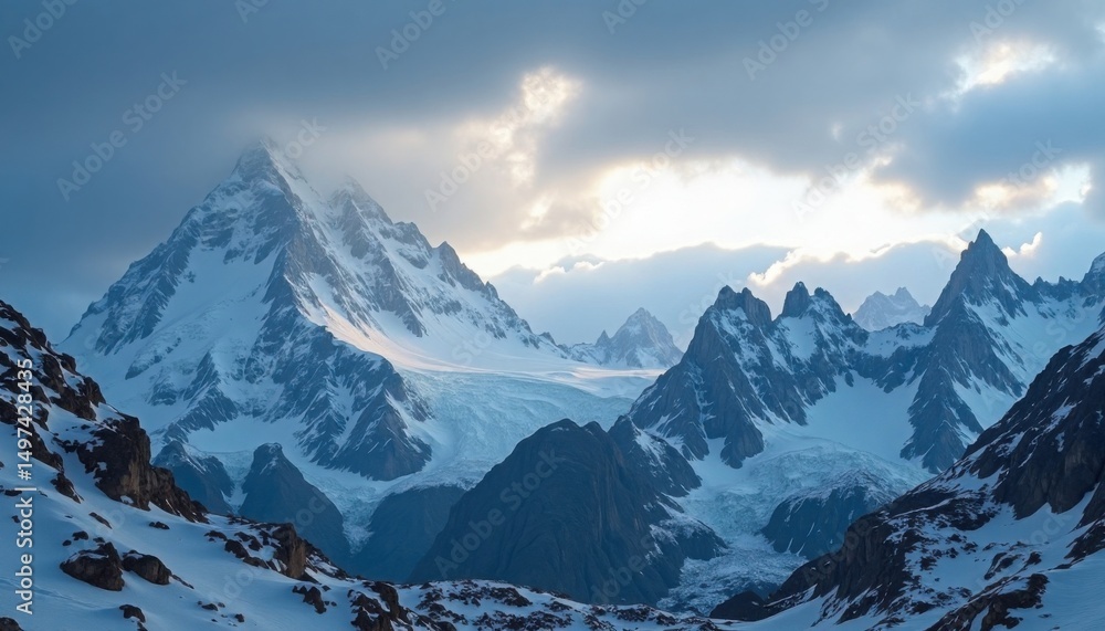 Fototapeta premium Dramatic snow-capped mountain range pierces through cloudy skies, bathed in ethereal soft light.